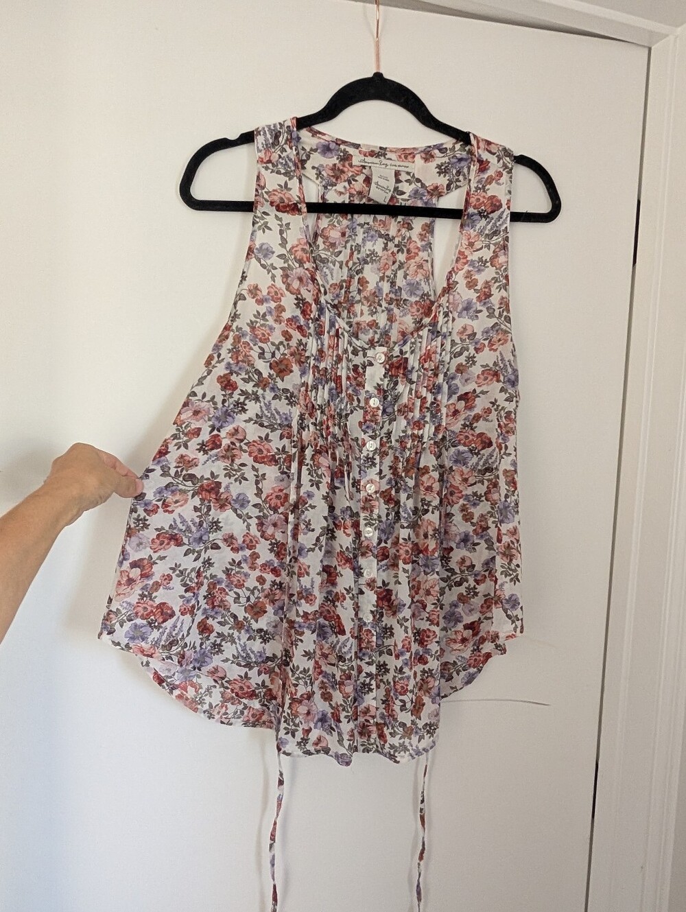 Floral Button-Front Sleeveless Babydoll Top - White, Pink & Purple Ruffle & Tie